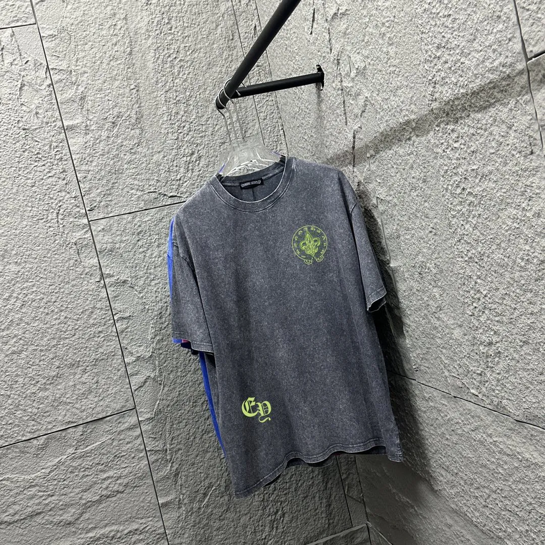 🅿️180 CH* Crow Heart* 2025 spring and summer new style Snowflake distressed washed retro round neck short sleeves Chest and front logo Horseshoe print on front and back Customized fabric Short-sleeved T-shirt Unisex Size: S M L XL XXL Color: Snowflake Black Snowflake Gray Snowflake Pink Snowflake Blue
